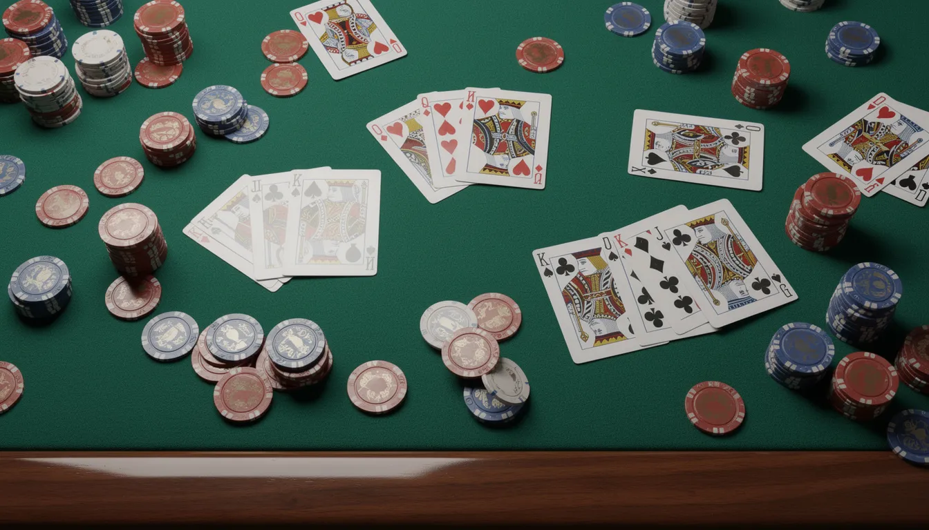 En bild som visar spelkort och casinomarker utspridda på ett grönt spelbord, vilket skapar en atmosfär av spänning och gambling. Denna scen kan associeras med olika casinon utan svensk licens där spelare kan njuta av online spel och bonusar.