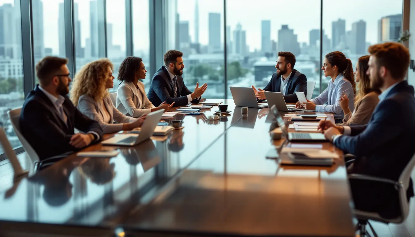 In a modern conference room, a diverse group of business professionals engage in a strategic planning session, collaborating on key objectives for organizational success. Their discussion focuses on innovative products and financial performance, highlighting the importance of strategic thinking and informed decision-making for achieving business success.