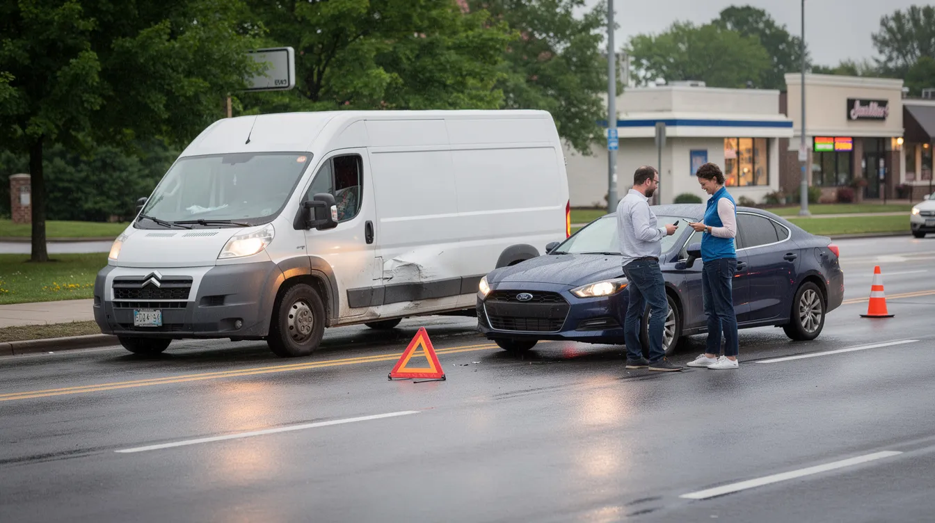 The image depicts a commercial van and a passenger car that have come to a stop after a roadway collision, highlighting the aftermath of a commercial vehicle accident. This scene emphasizes the importance of highway safety and the potential for serious injuries in accidents involving commercial vehicles.