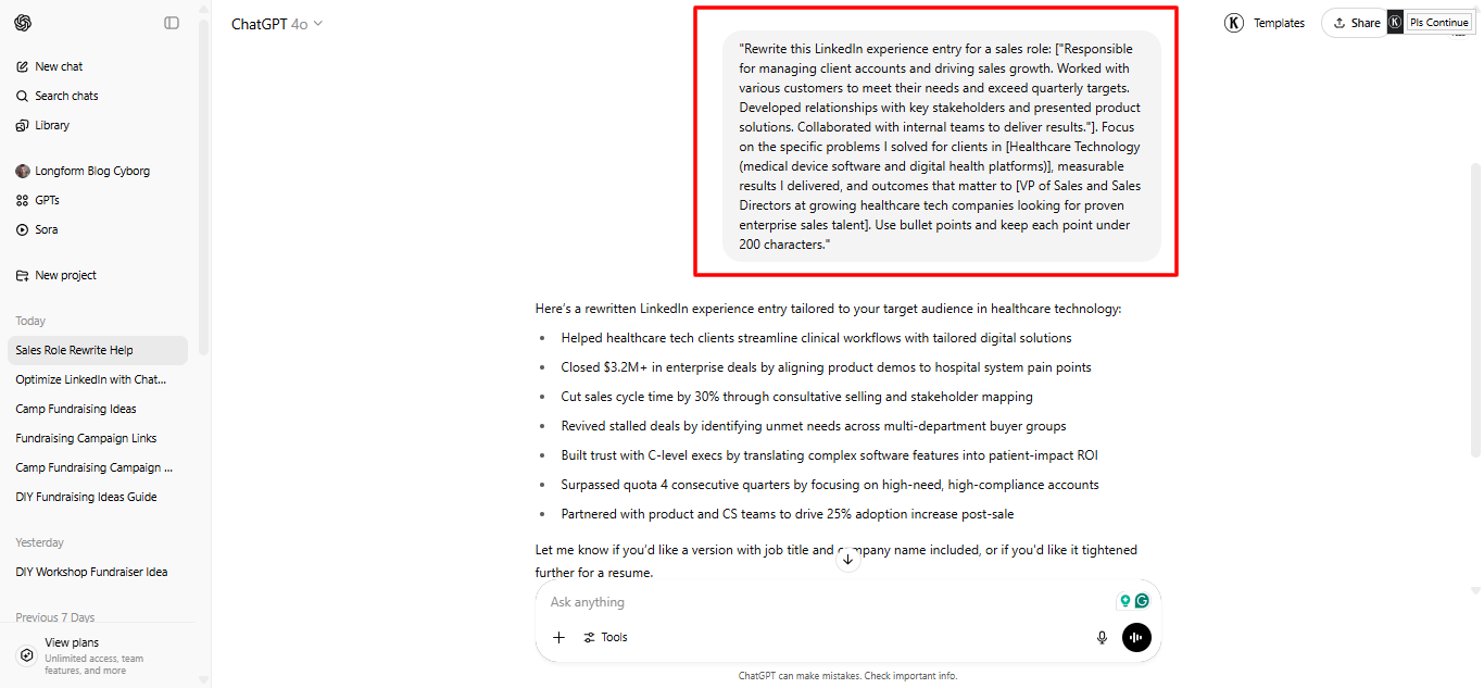 ChatGPT LinkedIn experience section example
