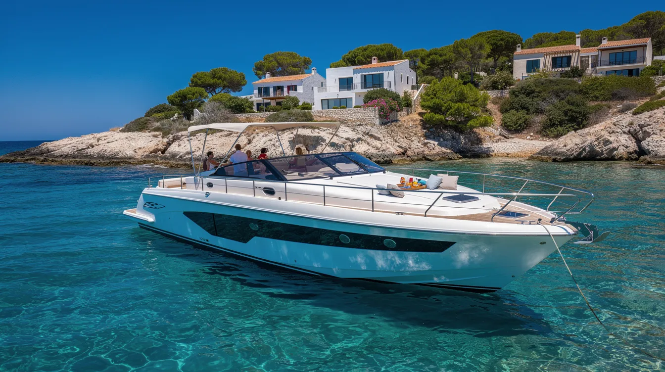 A luxury yacht is anchored near a stunning Mediterranean coastline, surrounded by clear blue water that glistens in the sunlight. This picturesque scene embodies the essence of elite escort services and the successful journey of those seeking the right companion in a world of luxury and discretion.