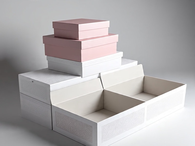 An image of stacked subscription packages in pink, white, and cream, with some boxes open and empty.