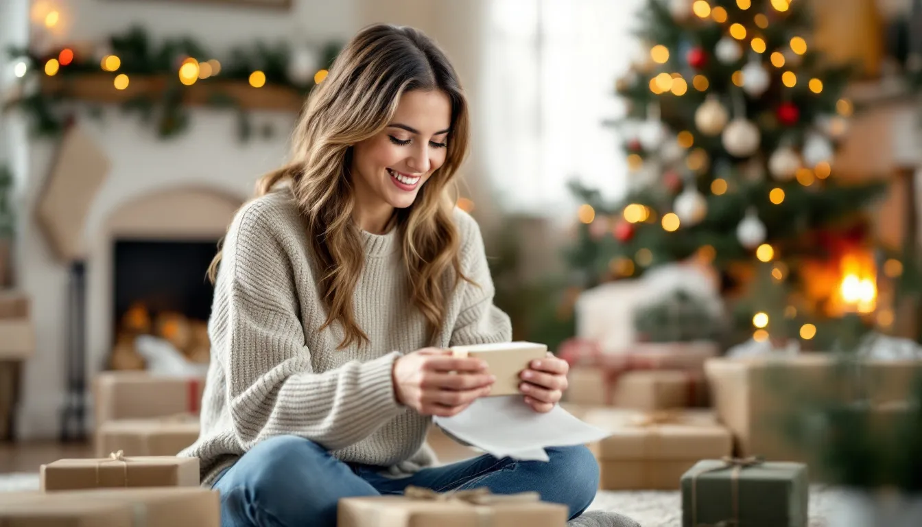 Best Christmas gifts for mom - A joyful mom is opening a beautifully wrapped holiday present, consider gifts for the holiday season as well as mother's day like a cozy blanket, mom opens gifts in her house