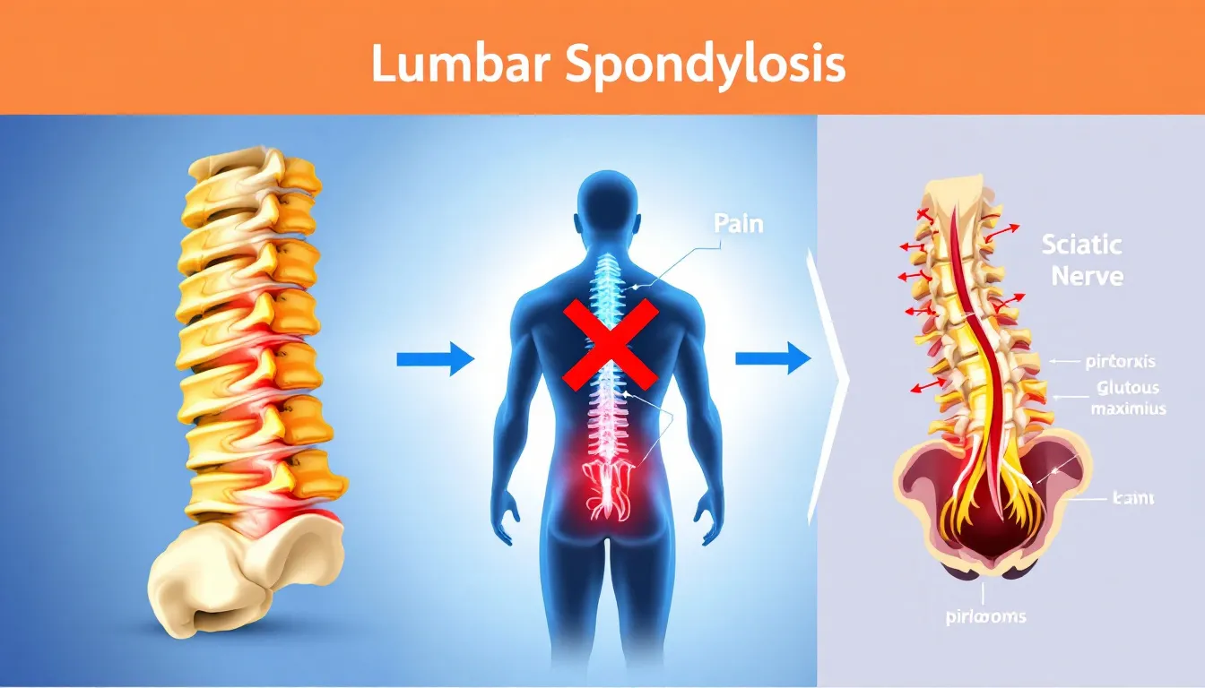 A diagram illustrating key symptoms of lumbar spondylosis, including back pain and leg pain.