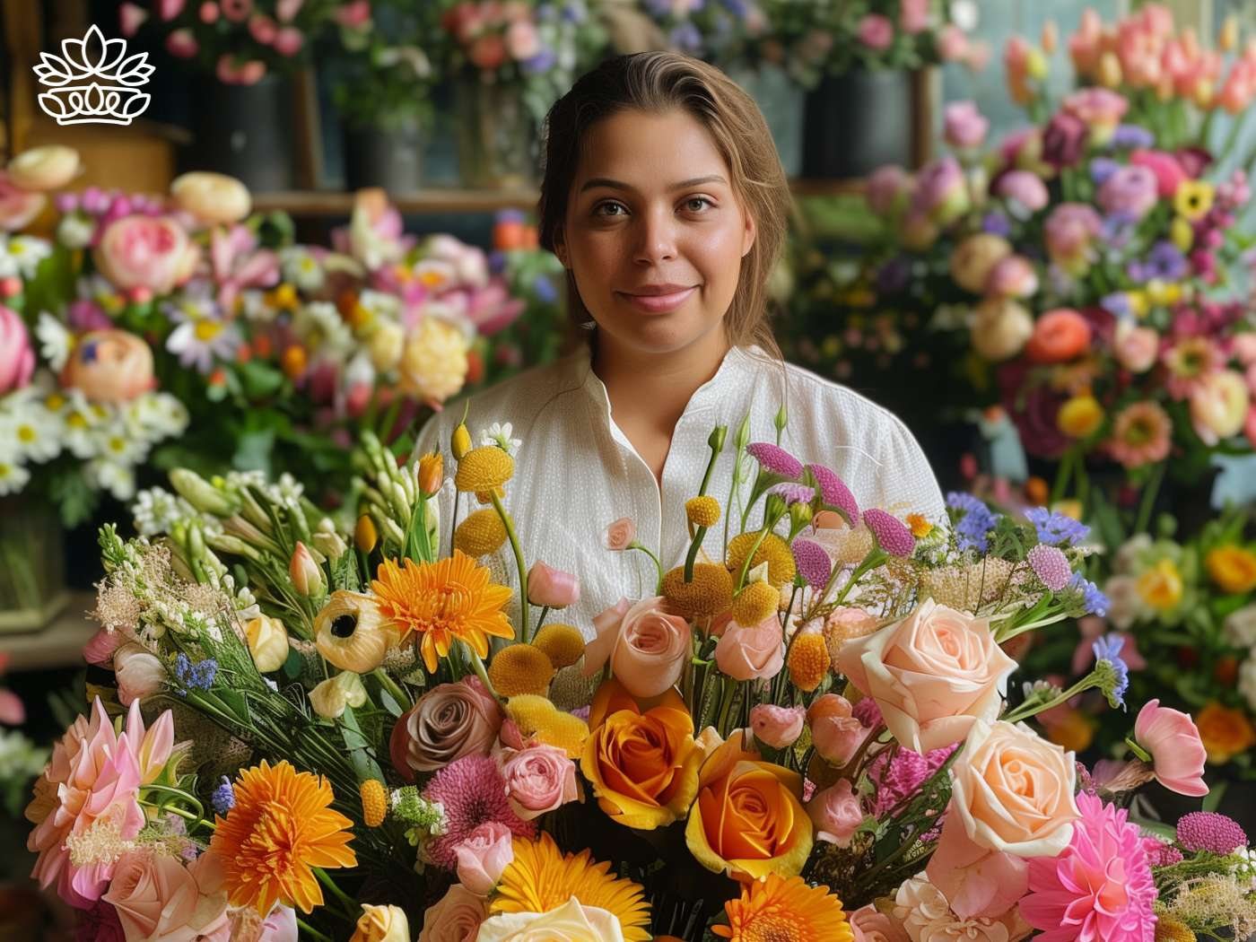 Radiant young woman with a welcoming smile surrounded by a lush bouquet including soft peach roses, delicate lilies, and sunny daisies, set against a backdrop of a floral paradise—Fabulous Flowers and Gifts.