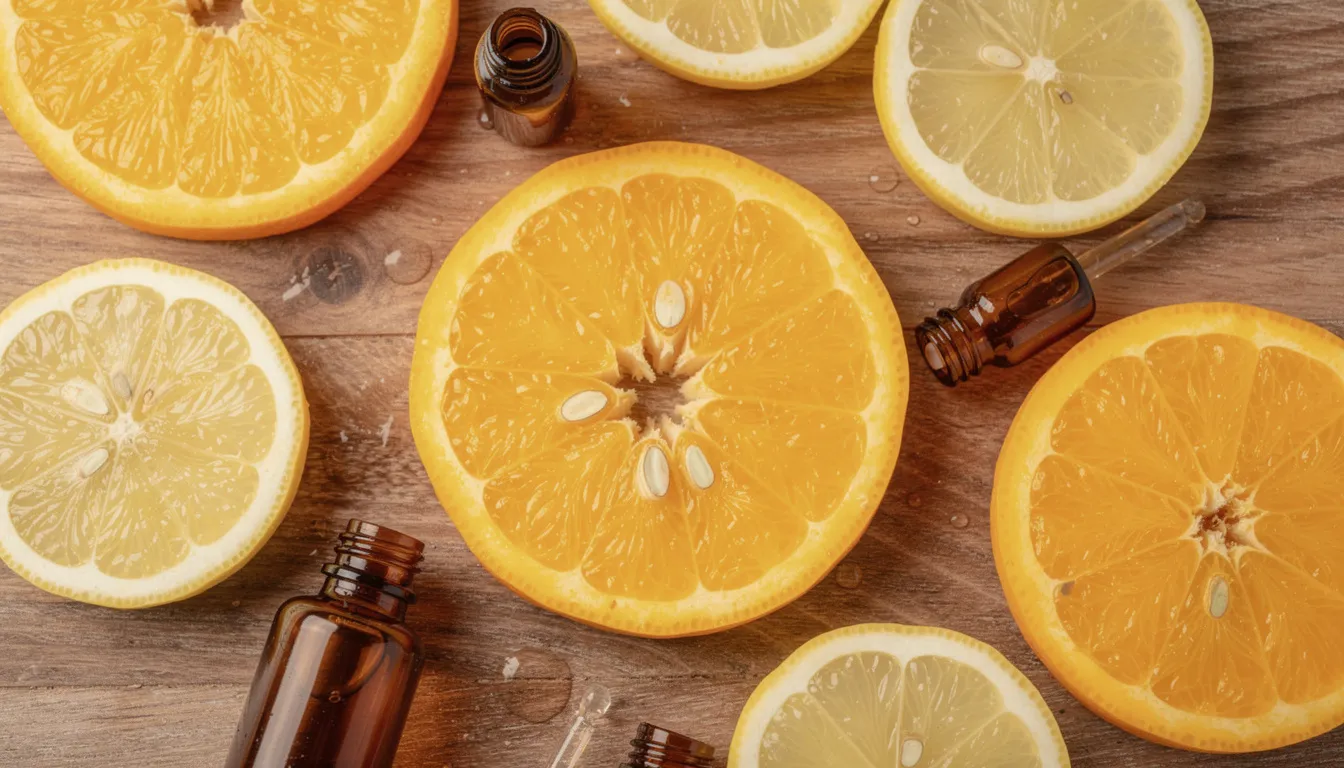 The image features fresh orange and lemon slices artfully arranged on a rustic wooden surface, accompanied by small amber glass bottles that likely contain high-quality essential oils. This vibrant display evokes the refreshing and invigorating properties of citrus oils, perfect for enhancing sauna aromatherapy and promoting well-being during a sauna session.