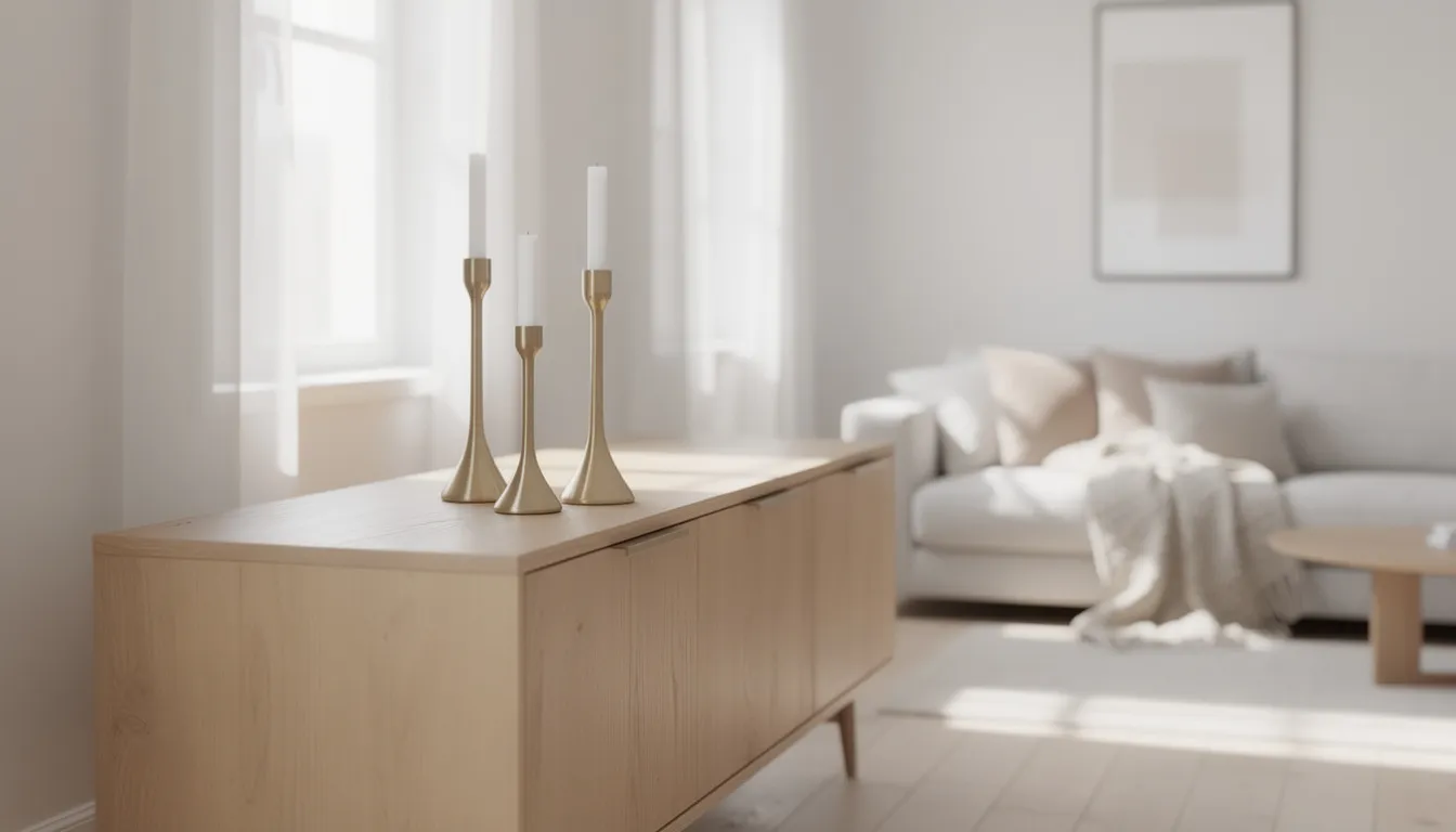 Tre eleganta ljusstakar i olika höjder står grupperade på ett sideboard i ett ljust vardagsrum. Ljusstakarna, som är tillverkade av mässing och silver, skapar en vacker atmosfär och kompletterar rummet med sin stiliga design.