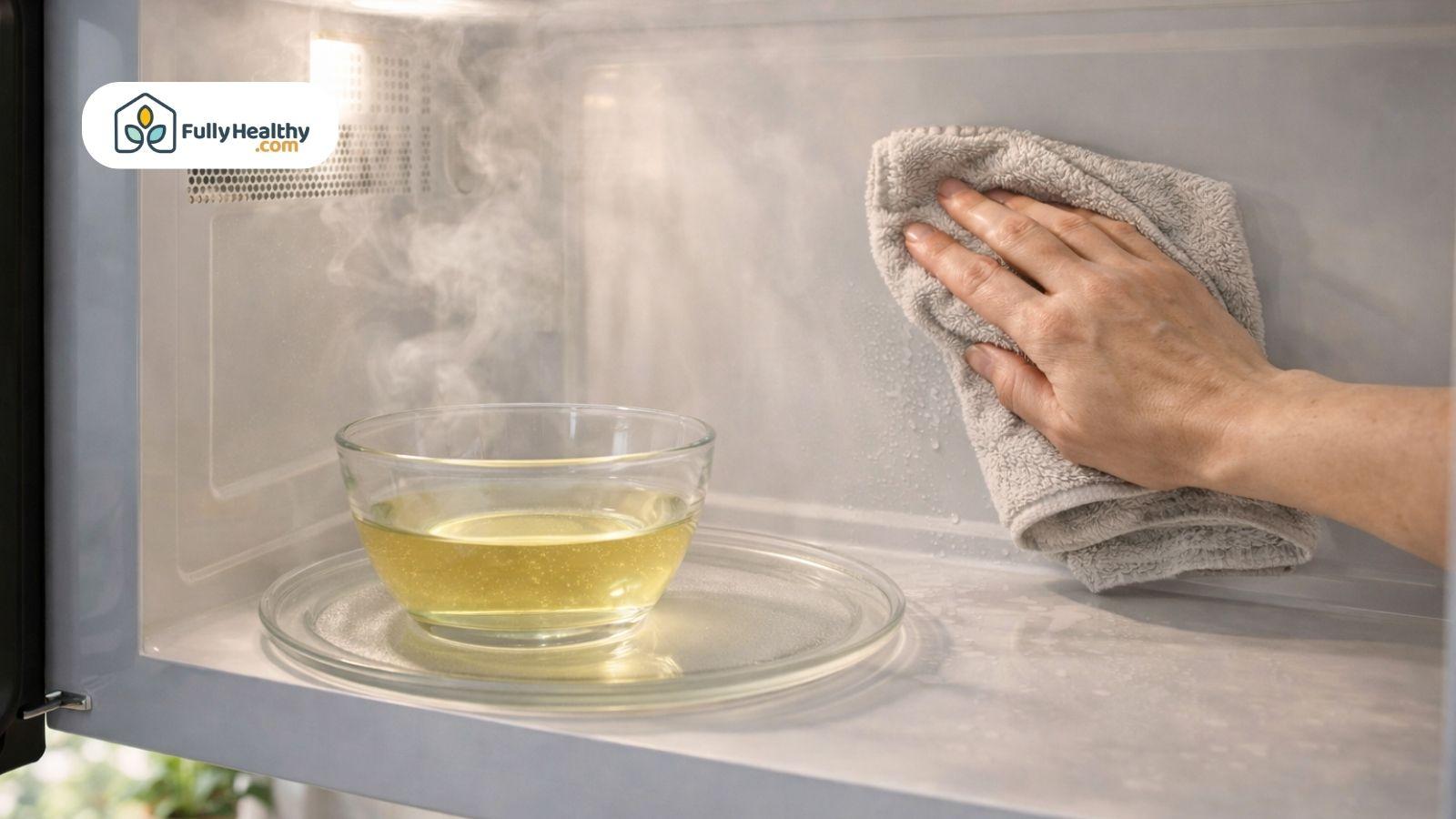 Cleaning microwave using heated apple cider vinegar bowl and wiping cloth