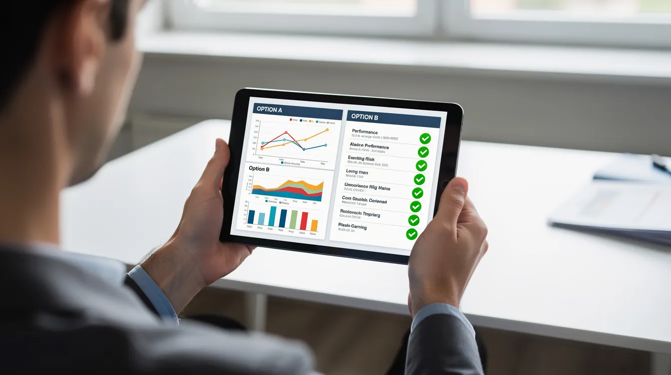 A person is intently comparing various financial options on a tablet screen, which displays financial charts and checkmarks indicating selected choices. The scene suggests a focus on evaluating loan products, possibly related to "免 tu 私人 貸款" and the terms of repayment.
