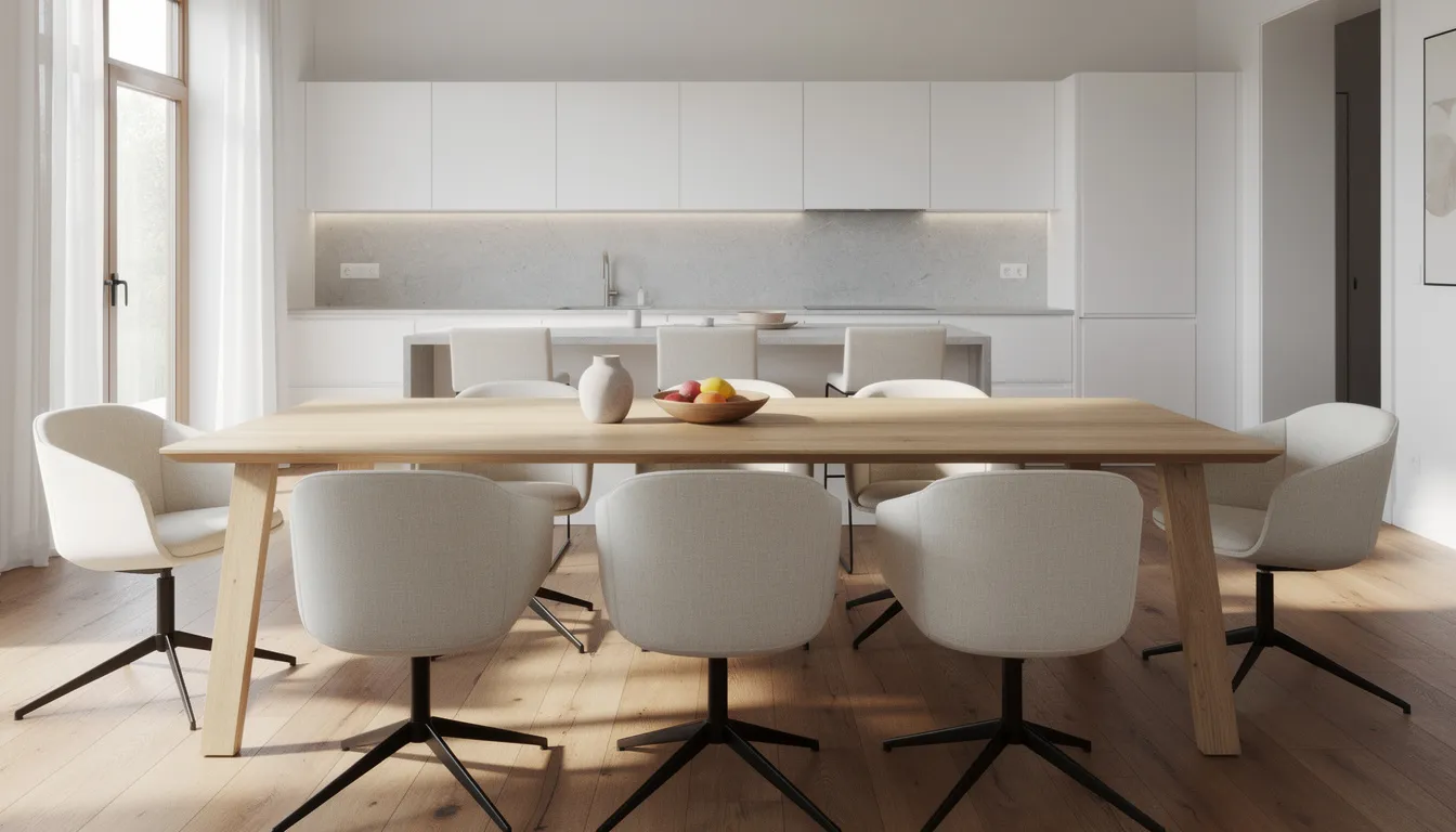 The image features an open-plan kitchen and dining room, showcasing a stylish wooden dining table surrounded by matching swivel chairs, designed for extra comfort and functionality. This inviting dining area is perfect for enjoying meals and engaging in conversation with guests.