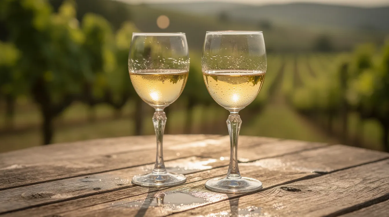 A close-up view of two elegant glasses of white wine sits on a rustic wooden table outdoors, with a blurred vineyard in the background, illuminated by warm natural light. This scene captures the essence of wine tasting, inviting guests to savor the flavors of award-winning wines like chardonnay and sauvignon blanc in a beautiful winery setting.
