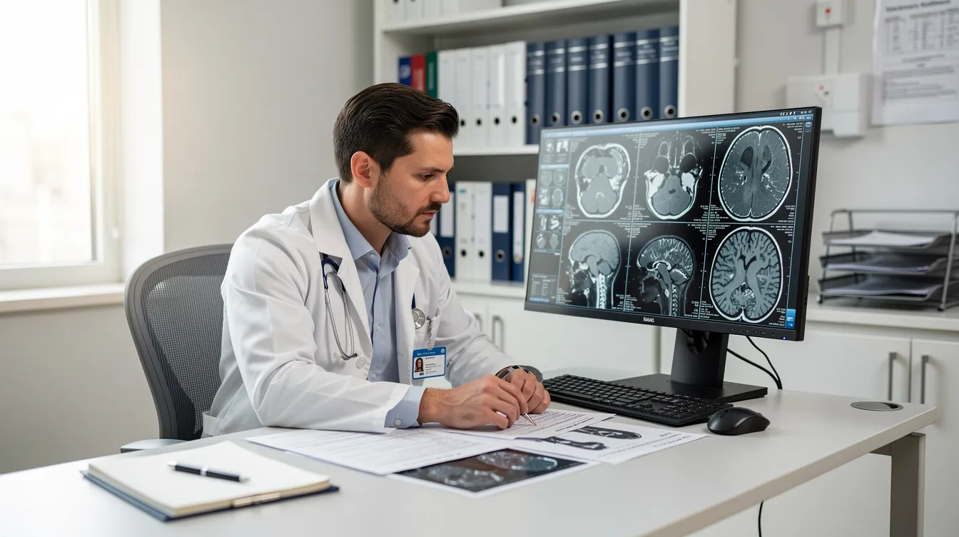The image depicts a doctor intently reviewing medical charts and imaging scans at a desk, surrounded by medical documentation. This scene highlights the importance of thorough medical evidence in the appeals process for social security disability benefits.