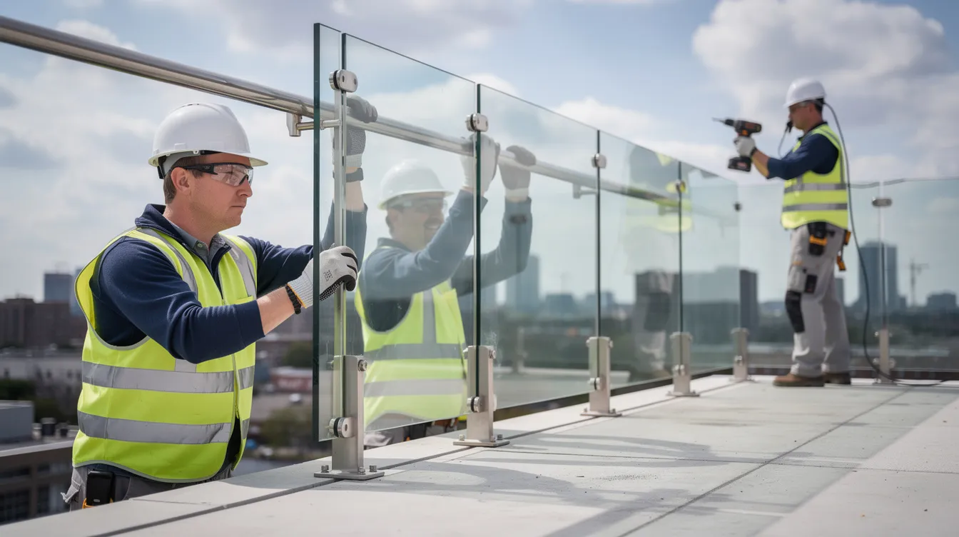 A group of people is installing a tempered glass balustrade, showcasing the use of safety glass designed to withstand high temperatures and internal stress. The installation process highlights the durability and security features of tempered glass, which is significantly stronger than regular glass and minimizes the risk of serious injury if broken.