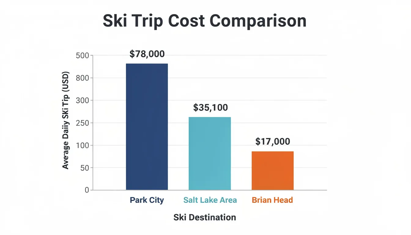The image is a simple bar graph comparing the average daily ski trip costs at three Utah ski resorts: Park City, Salt Lake area, and Brian Head, with Brian Head shown as the most affordable option. This visual highlights the cost differences for ski vacations in popular locations like Park City and the Salt Lake area, emphasizing Brian Head's budget-friendly appeal.