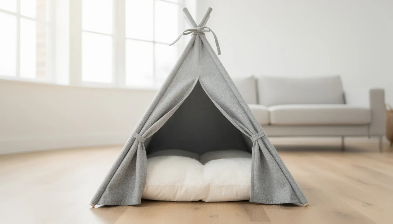 Een schone, goed onderhouden vilten kattentipi met een pluizig wit kussen erin, staat in een lichte woonkamer. Deze praktische tent biedt een heerlijk plekje voor katten om te relaxen en te spelen.