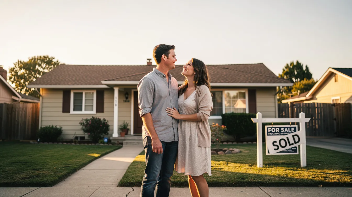 A young couple stands in front of a modest single-story home, looking hopeful as they embark on their journey into homeownership. Their expressions reflect the excitement and anticipation often felt by first-time homebuyers navigating real estate transactions, including potential closing costs and brokerage fees.