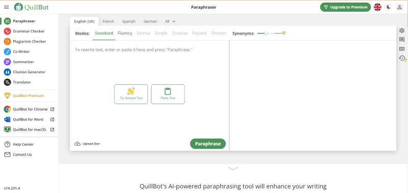 screenshot of quillbto pharaphrasing tool