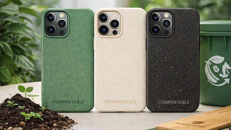 Compostable phone cases in three colors, a biodegradable tech accessory for eco-friendly corporate gifts.