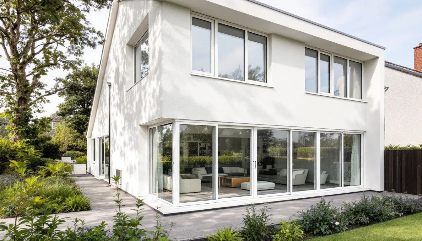 Een moderne woning met grote ramen die zijn voorzien van dubbel glas en kunststof kozijnen, wat zorgt voor uitstekende isolatie en een hoge isolatiewaarde. De ruime ramen laten veel daglicht binnen en dragen bij aan het wooncomfort van het huis.