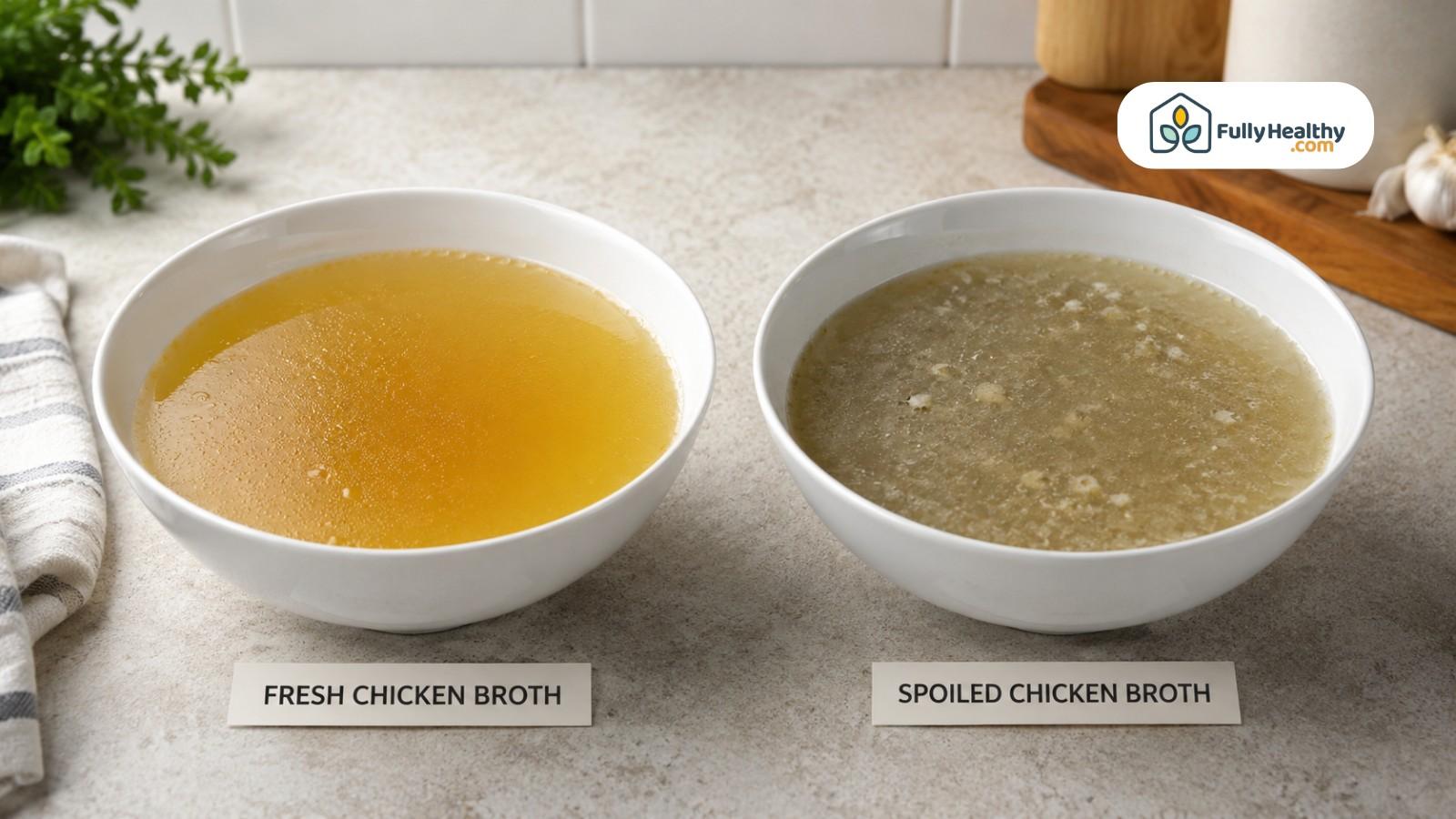 Fresh golden chicken broth compared with cloudy spoiled broth in white bowls