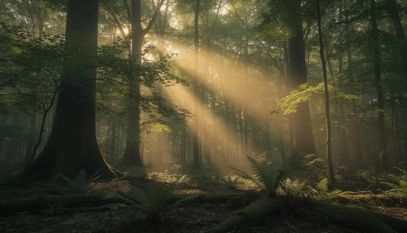 Une forêt dense baignée de lumière, où des rayons de soleil filtrent à travers les arbres majestueux. Ce paysage naturel évoque un espace paisible, idéal pour envisager la dispersion des cendres d'un défunt en pleine nature.