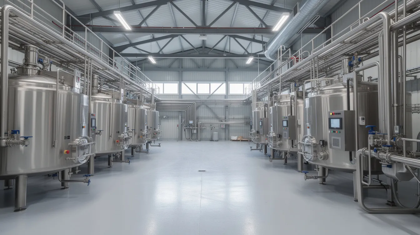 2560b907 c574 42f6 b5ac 41cb0d288403 The image shows the interior of a modern stainless steel dairy processing facility, featuring large tanks and intricate piping systems used in the milk processing and production process. This dairy processing plant is designed for quality control and efficiency, essential for producing various dairy products, including fruit flavored milk drinks.