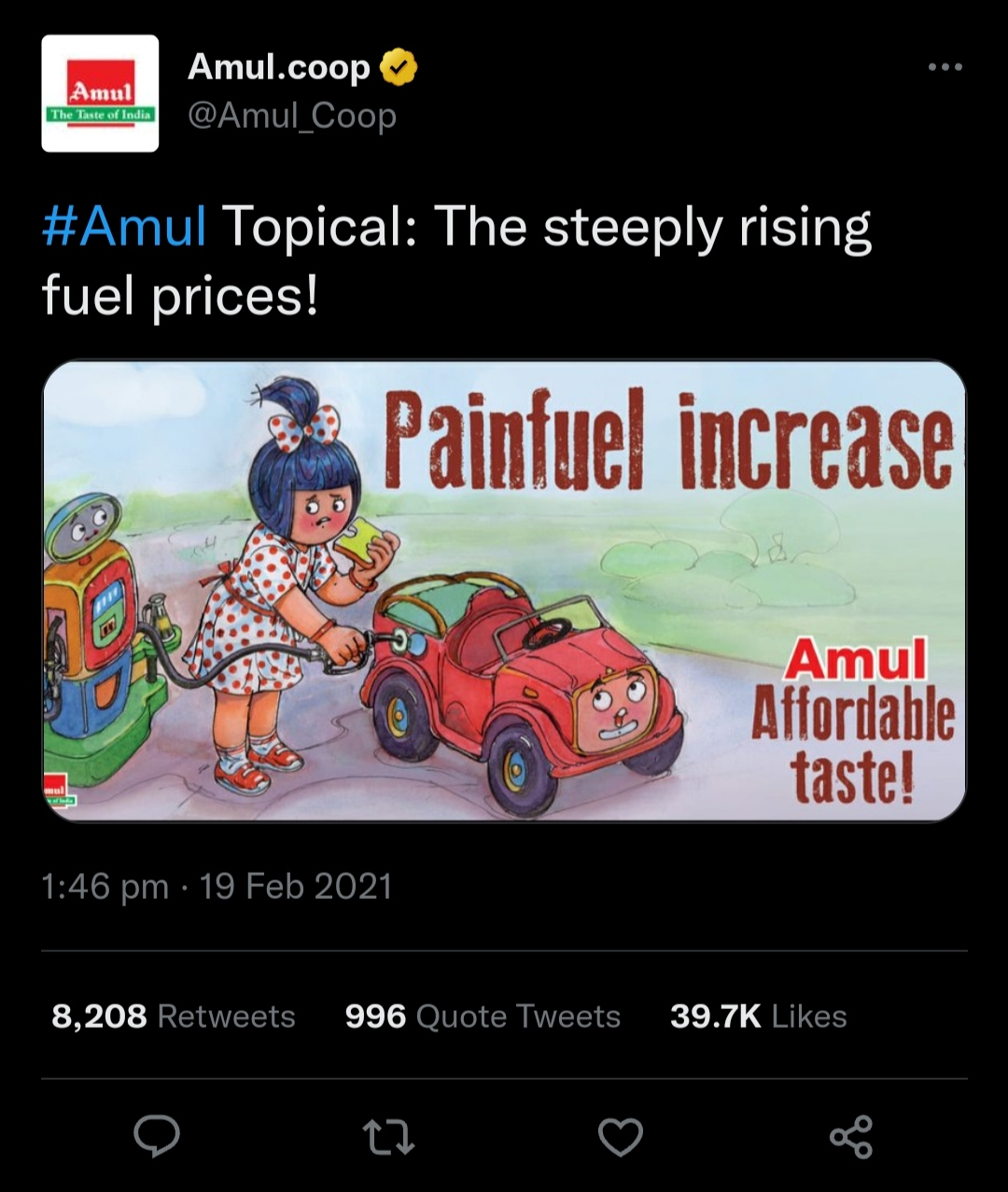 Amul's Tweet Marketing on the increase in fuel prices