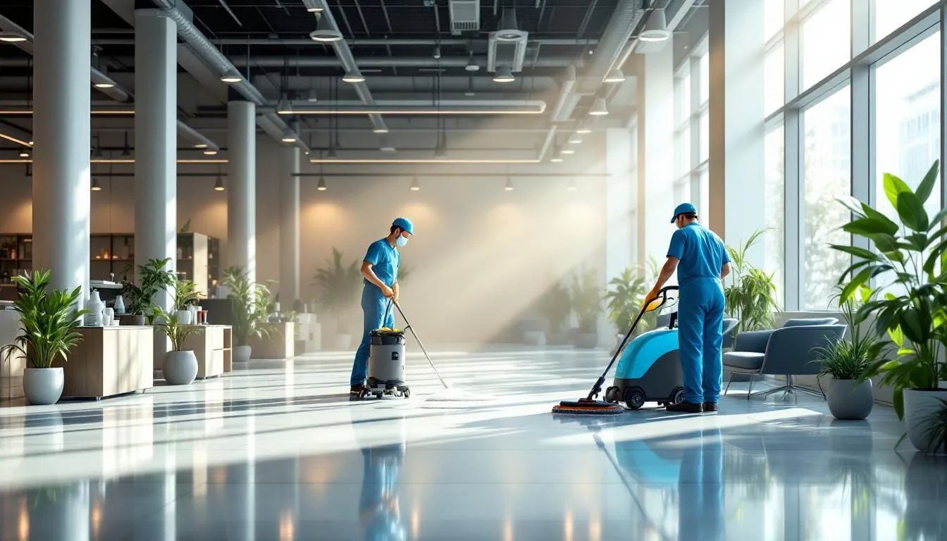 A commercial space being deep cleaned by professional cleaners.