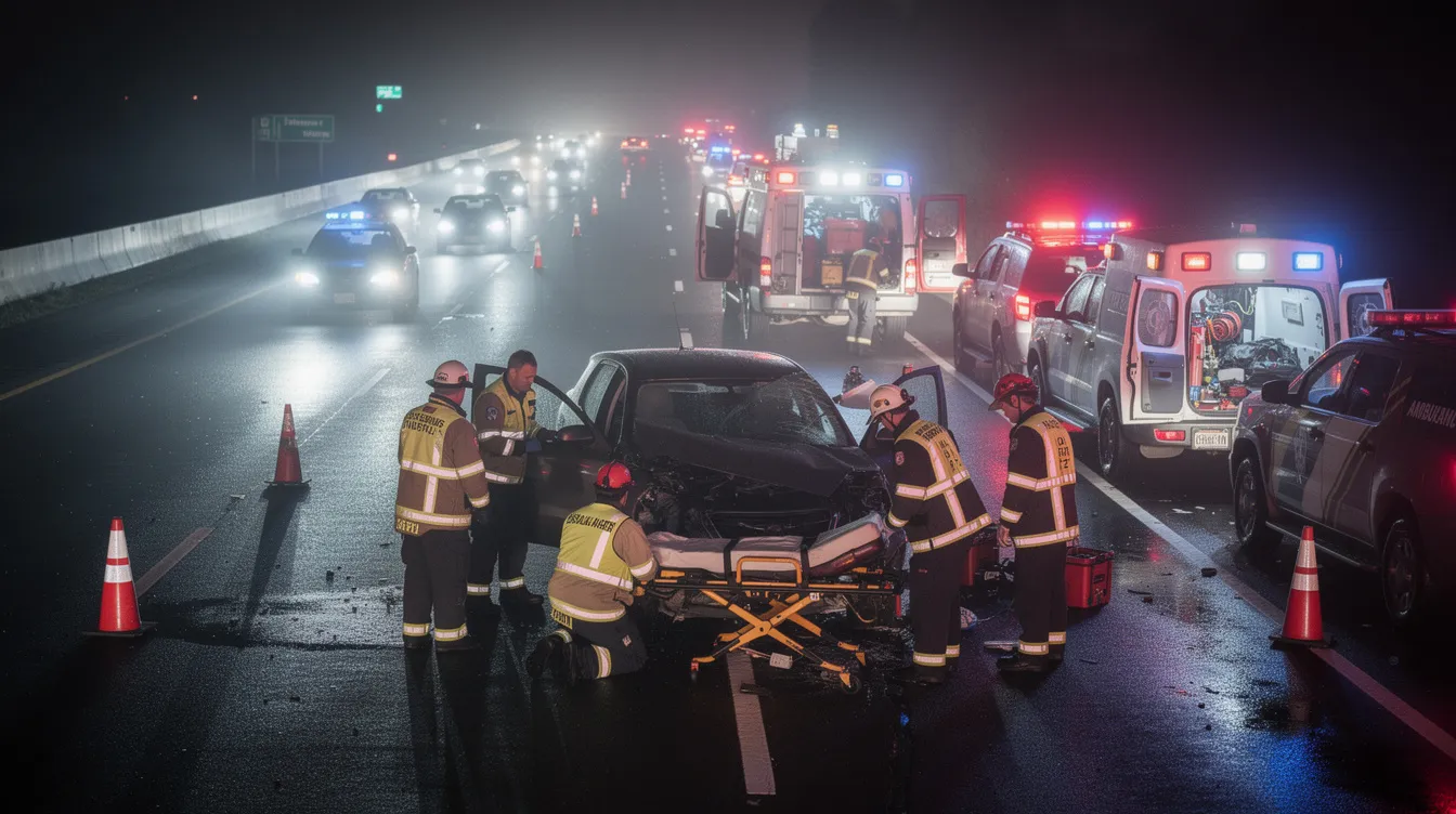 Emergency first responders are attending to a highway accident scene involving commercial trucks, with emergency vehicles and flashing lights visible. The situation highlights the serious nature of truck accidents, where experienced truck accident lawyers may assist injury victims in navigating their claims against negligent trucking companies.