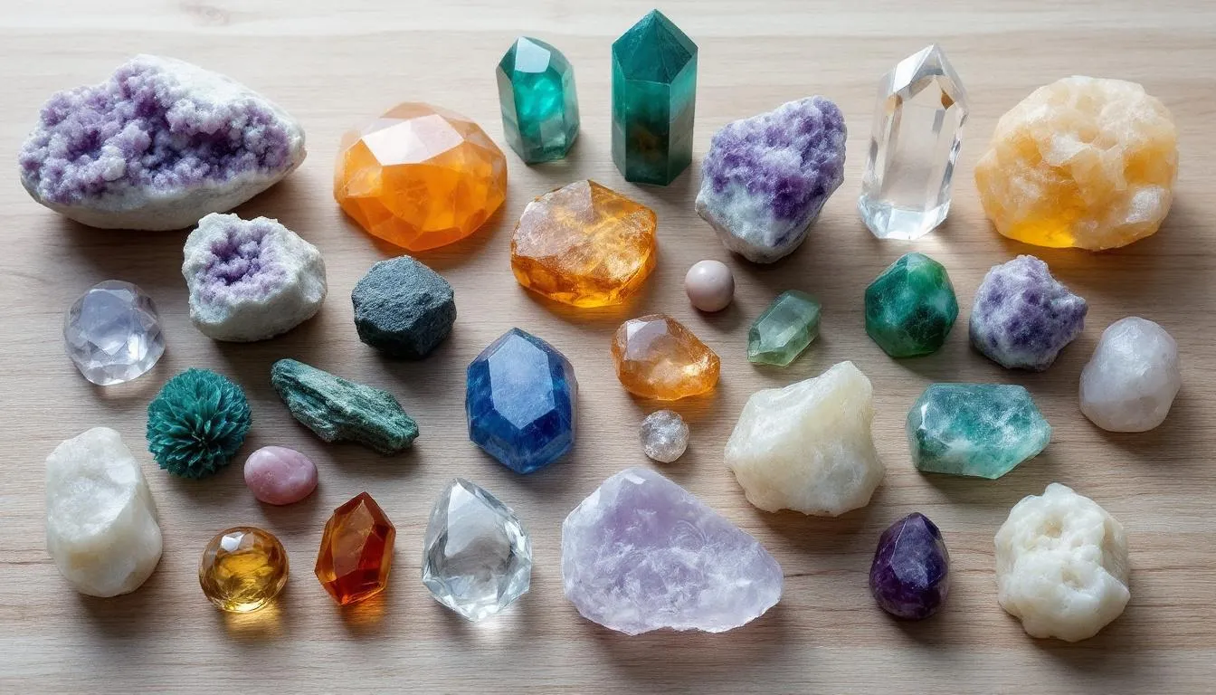 A vibrant collection of various crystal types is displayed, featuring raw stones, smooth tumbled pieces, and intricately carved shapes in a spectrum of colors. This assortment includes popular healing crystals like rose quartz, amethyst, and lapis lazuli, perfect for those interested in crystal healing and gemstone jewellery.
