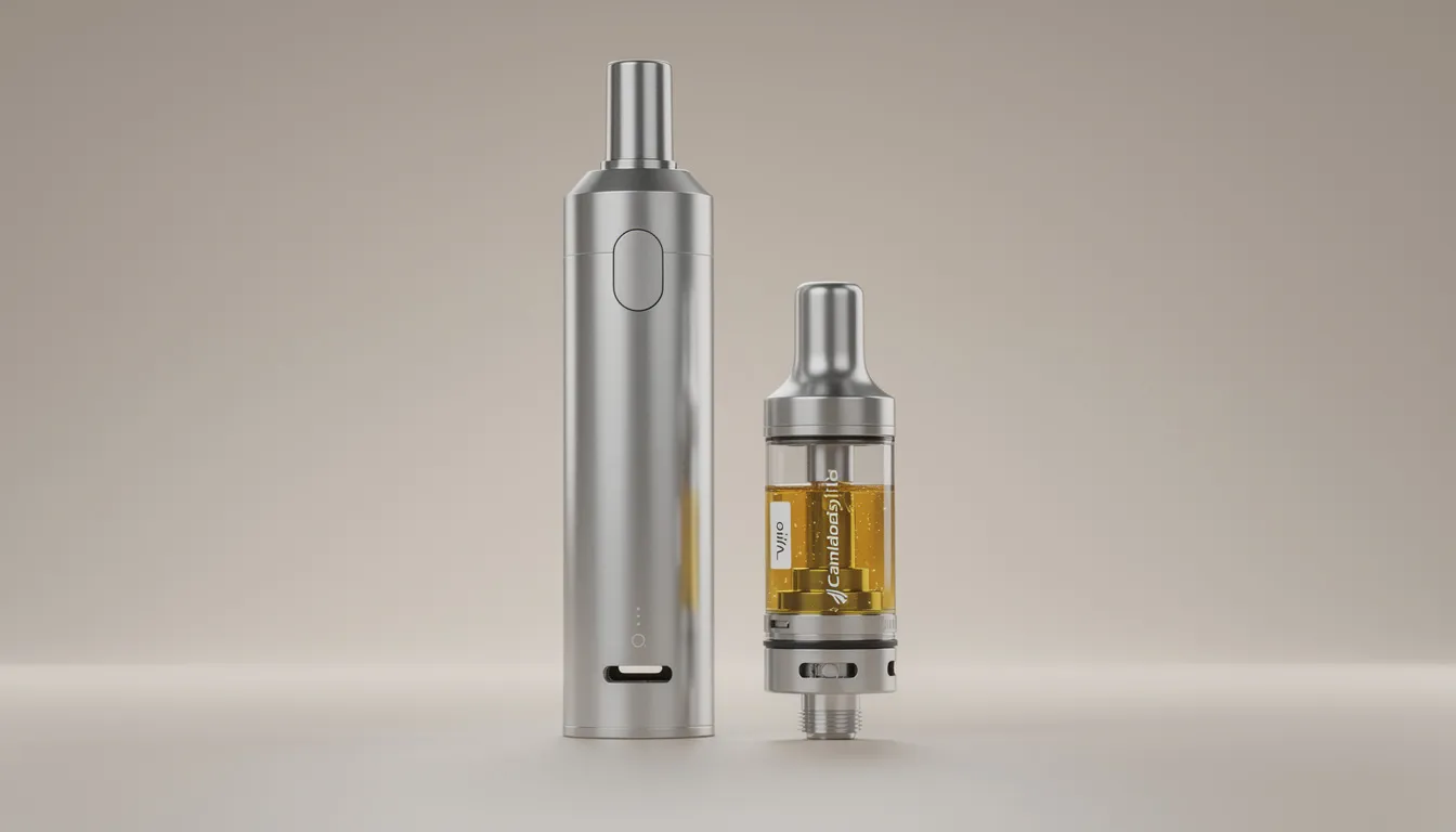 Das Bild zeigt ein modernes Verdampfergerät mit einer Cannabisöl-Kartusche auf einem neutralen Hintergrund. Der Vaporizer repräsentiert die Vielfalt der Cannabisprodukte und deren Wirkstoffe, einschließlich aktiver Cannabinoide, die für die Nutzer von Bedeutung sind.