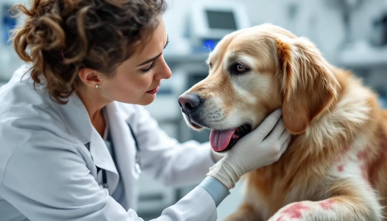 A concerned dog owner is examining their pet for signs of an allergic reaction, possibly due to feeding shrimp, which can pose risks like digestive upset or difficulty breathing. The owner seems attentive, ensuring their furry friend remains safe and healthy while considering the potential effects of shrimp on their dog