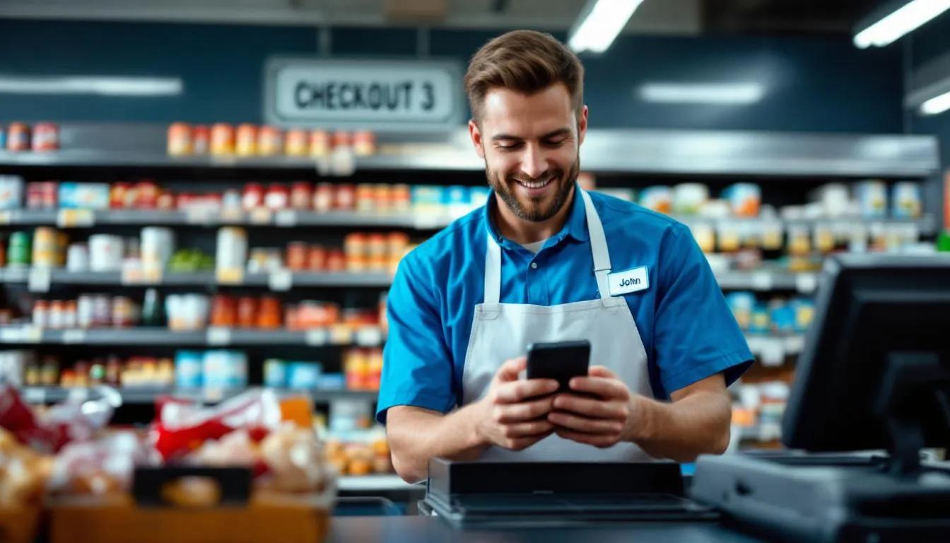 A grocery retail employee is seen using a phone while on the sales floor, demonstrating effective communication as part of their day-to-day operations. This engagement is essential for maintaining smooth operations and enhancing customer experience in the retail industry.
