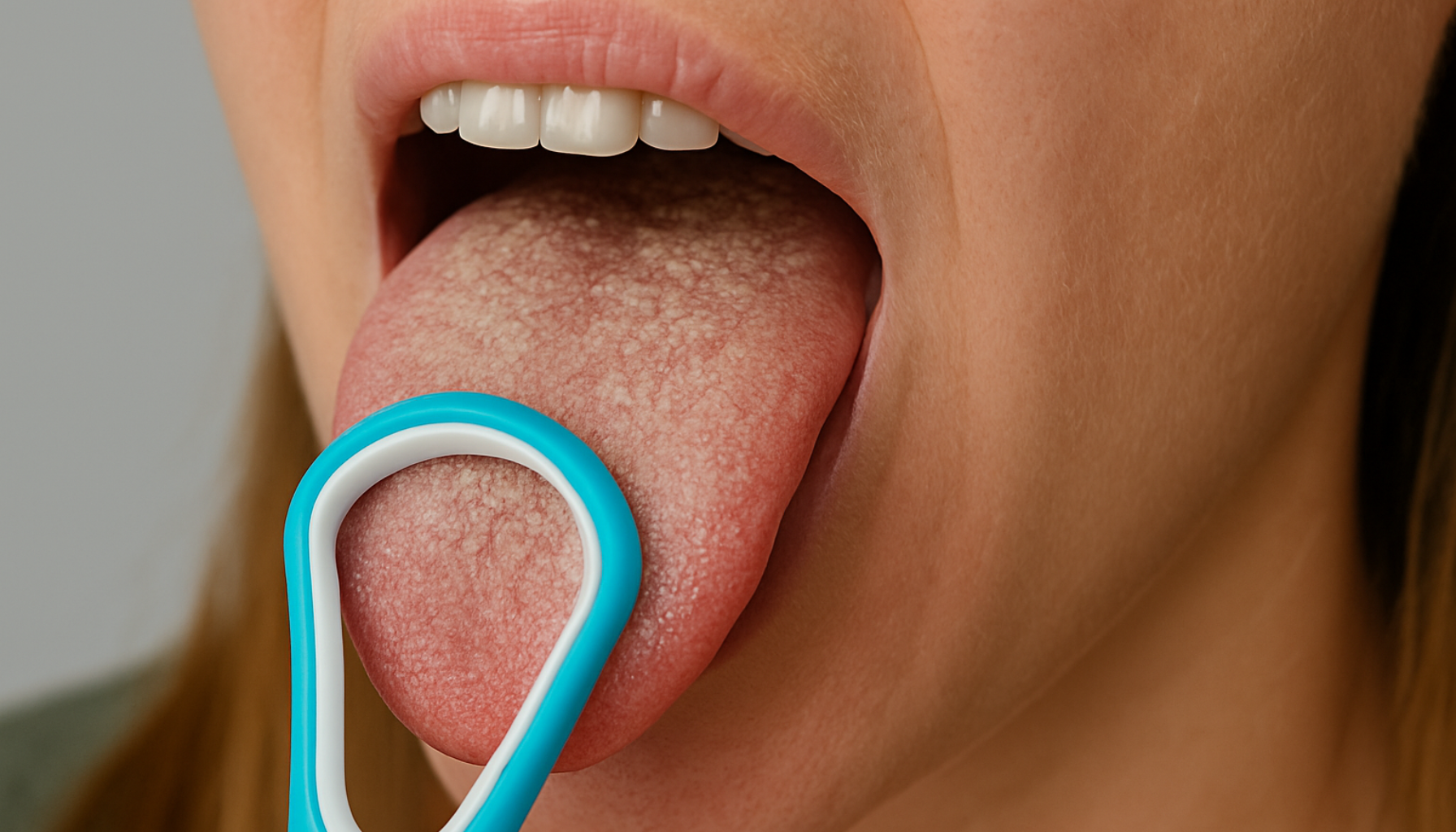 Nærbilde av tunge med hvitt belegg som skrapes med en blå tungeskrape.