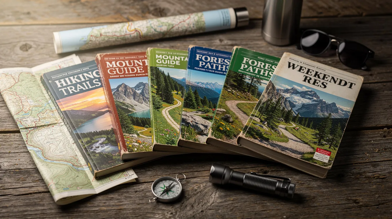 The image showcases a collection of hiking guidebooks, each featuring colorful covers that highlight various hiking adventures, including the Appalachian Trail and day hikes. These definitive guides are filled with maps, useful tips, and interesting information to help hikers plan their next outdoor adventure.