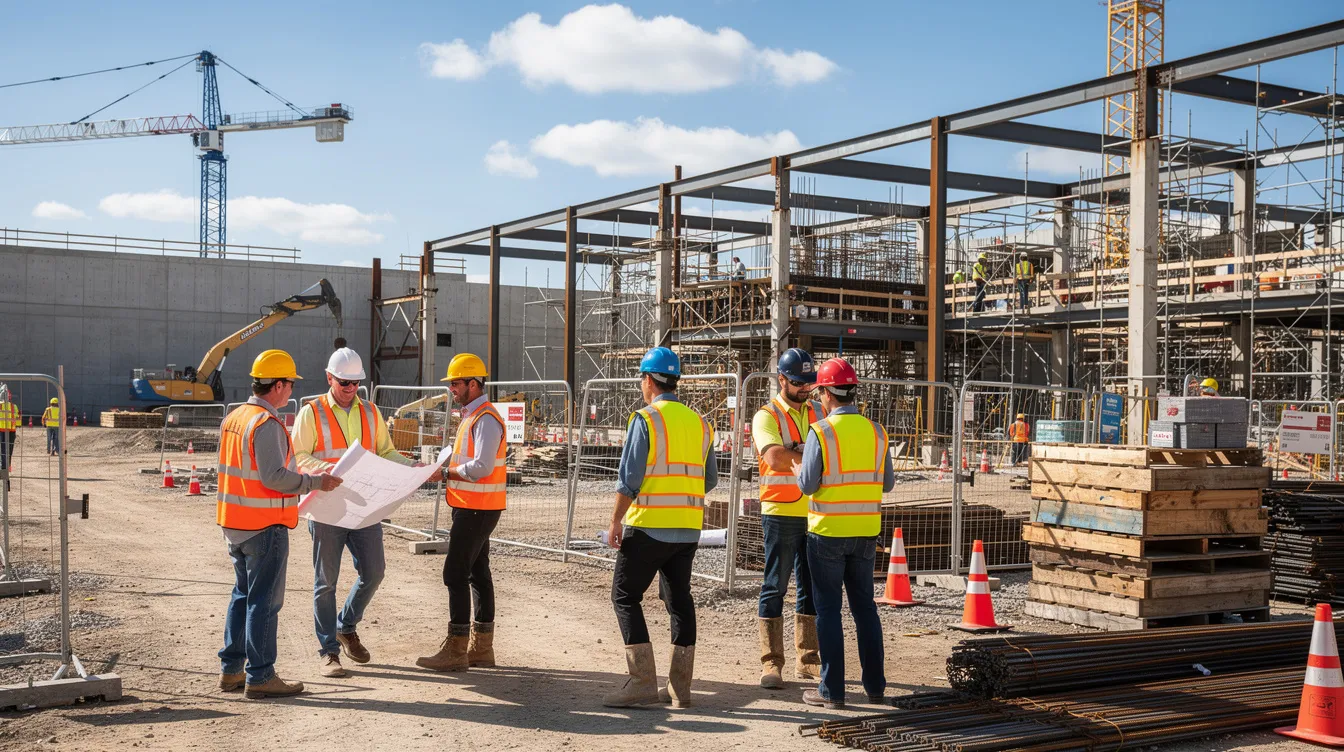A group of construction workers, wearing hard hats and safety vests, are actively engaged on a large commercial building site under a bright sunny sky, emphasizing the importance of safety training and adherence to safety rules in the construction industry. The scene reflects teamwork and proactive risk management practices essential for maintaining quality standards and preventing accidents on the job site.