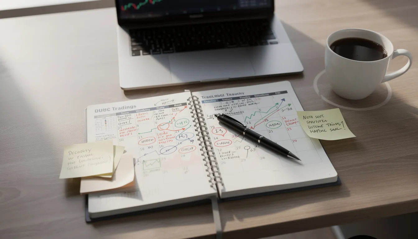 The image features a calendar filled with trading notes related to forex trading, alongside a steaming coffee cup on a desk. This setup reflects the preparation and focus needed for successful trading in the financial markets.