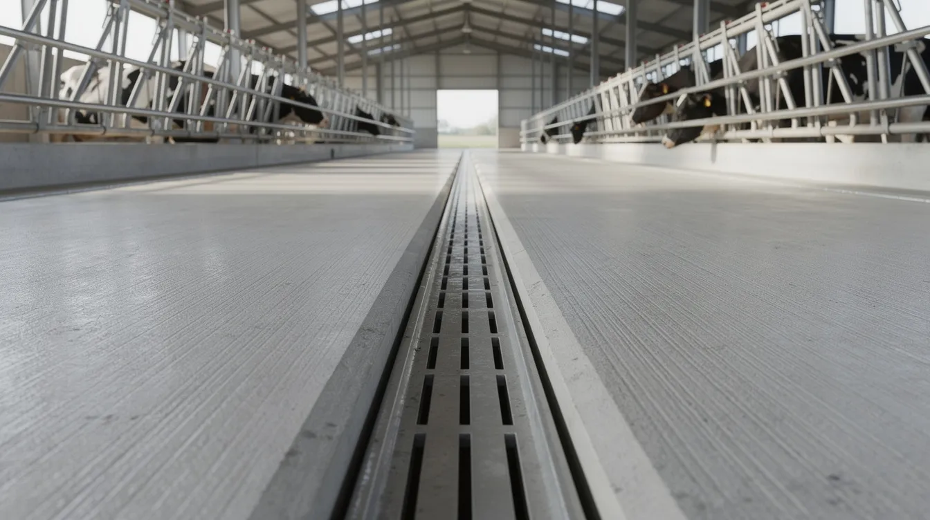 The image depicts a dairy shed with a well-constructed concrete floor featuring a proper drainage slope and a slip-resistant surface finish, ensuring durability and safety for commercial property use. This professional installation reflects high-quality concrete resurfacing, ideal for maintaining the highest standards in agricultural settings.