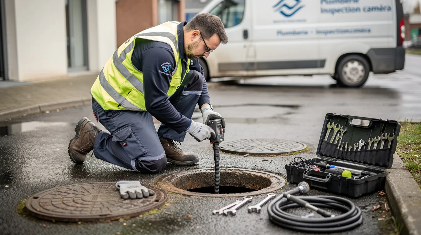 Un technicien en plomberie insère une caméra endoscopique dans un regard de canalisation pour effectuer une inspection des tuyaux. Cette intervention permet de vérifier l'état des conduits et de détecter d'éventuelles anomalies ou obstructions.