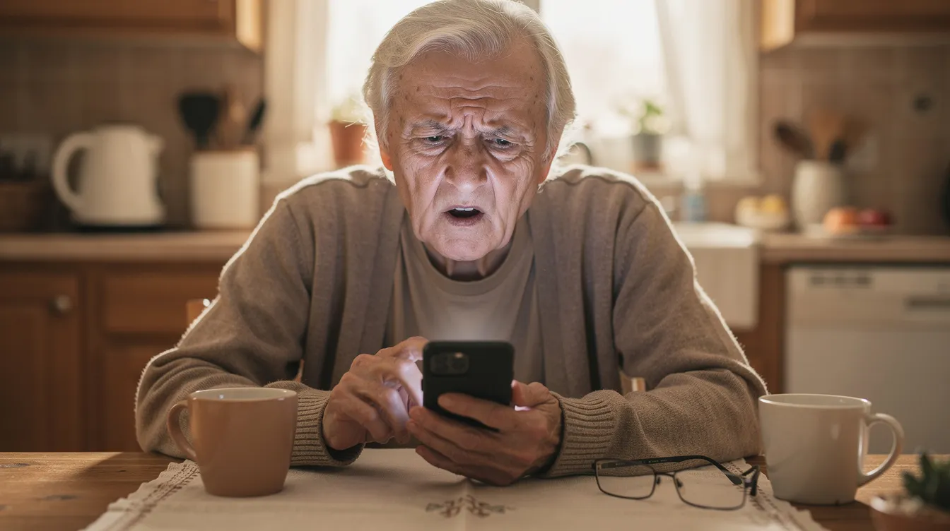 An elderly person sits at a kitchen table, looking at their smartphone with a confused expression, possibly trying to understand a suspicious message related to their WhatsApp account. The situation suggests concerns about potential scams and the importance of enabling two-factor authentication to protect against fraud.