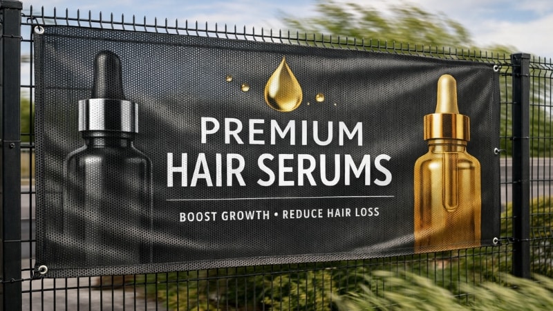 Hair serum brand printed a mesh banner 
