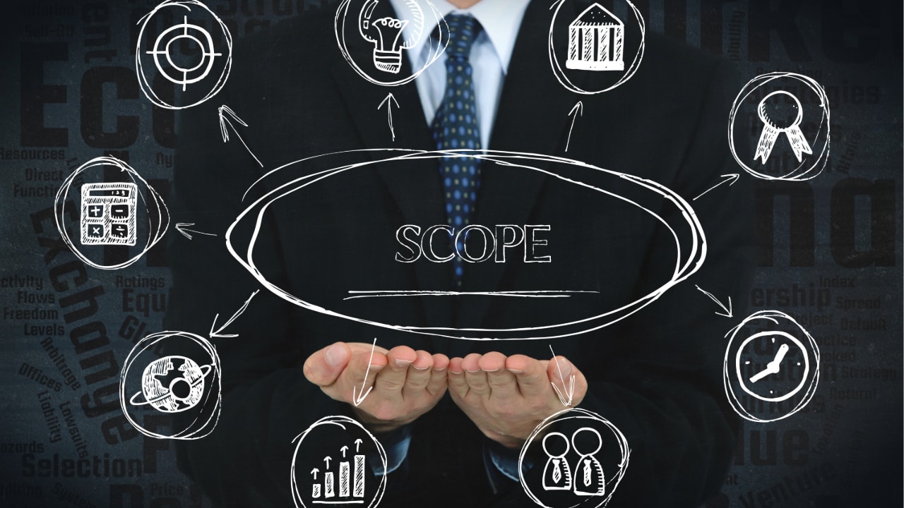 scope illustration, business man, presenting