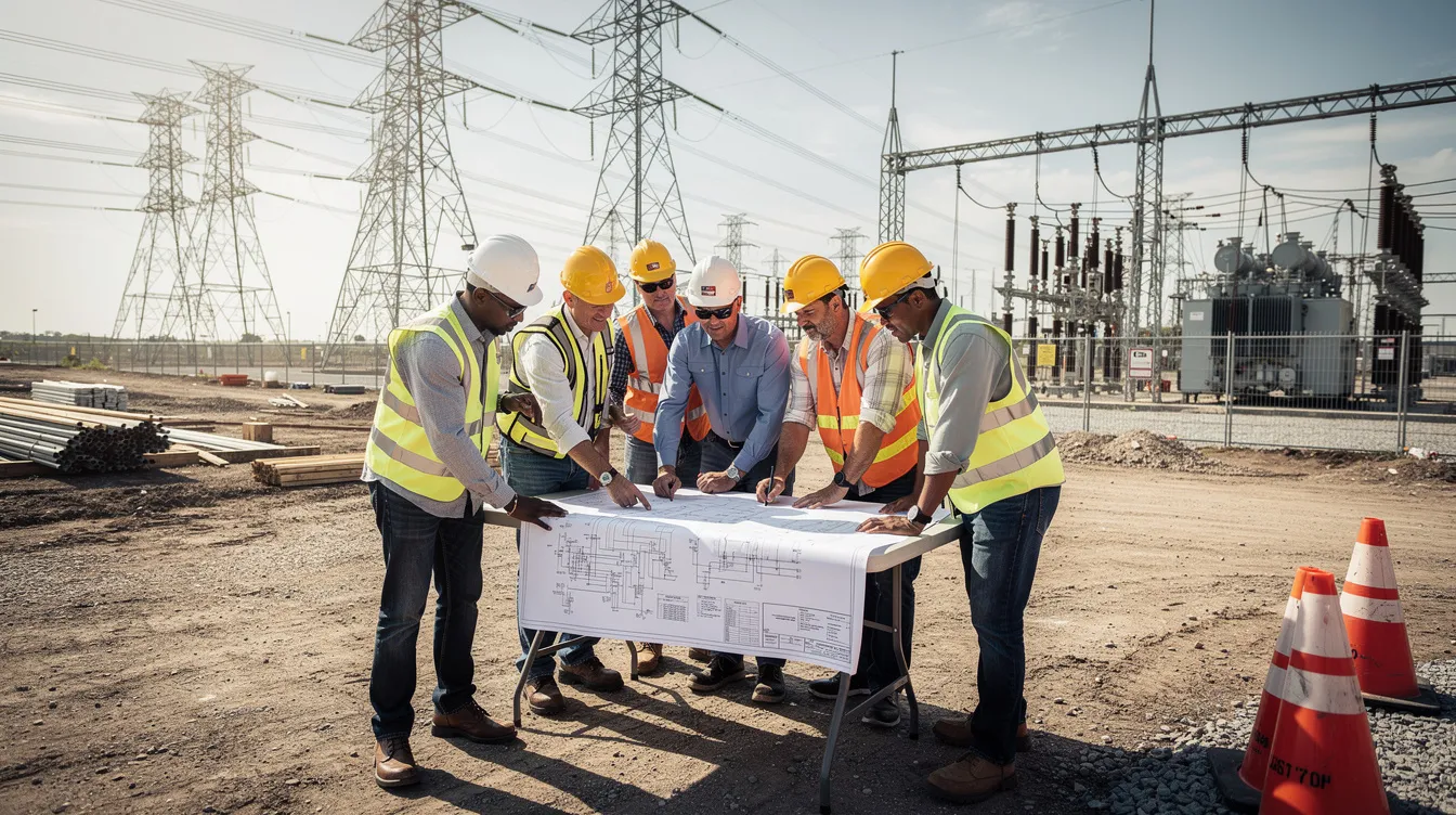A group of construction workers is gathered at an open jobsite, intently reviewing electrical plans while various power infrastructure elements are visible in the background. This scene highlights the critical systems necessary for data center projects, reflecting the growth of digital infrastructure in Texas.
