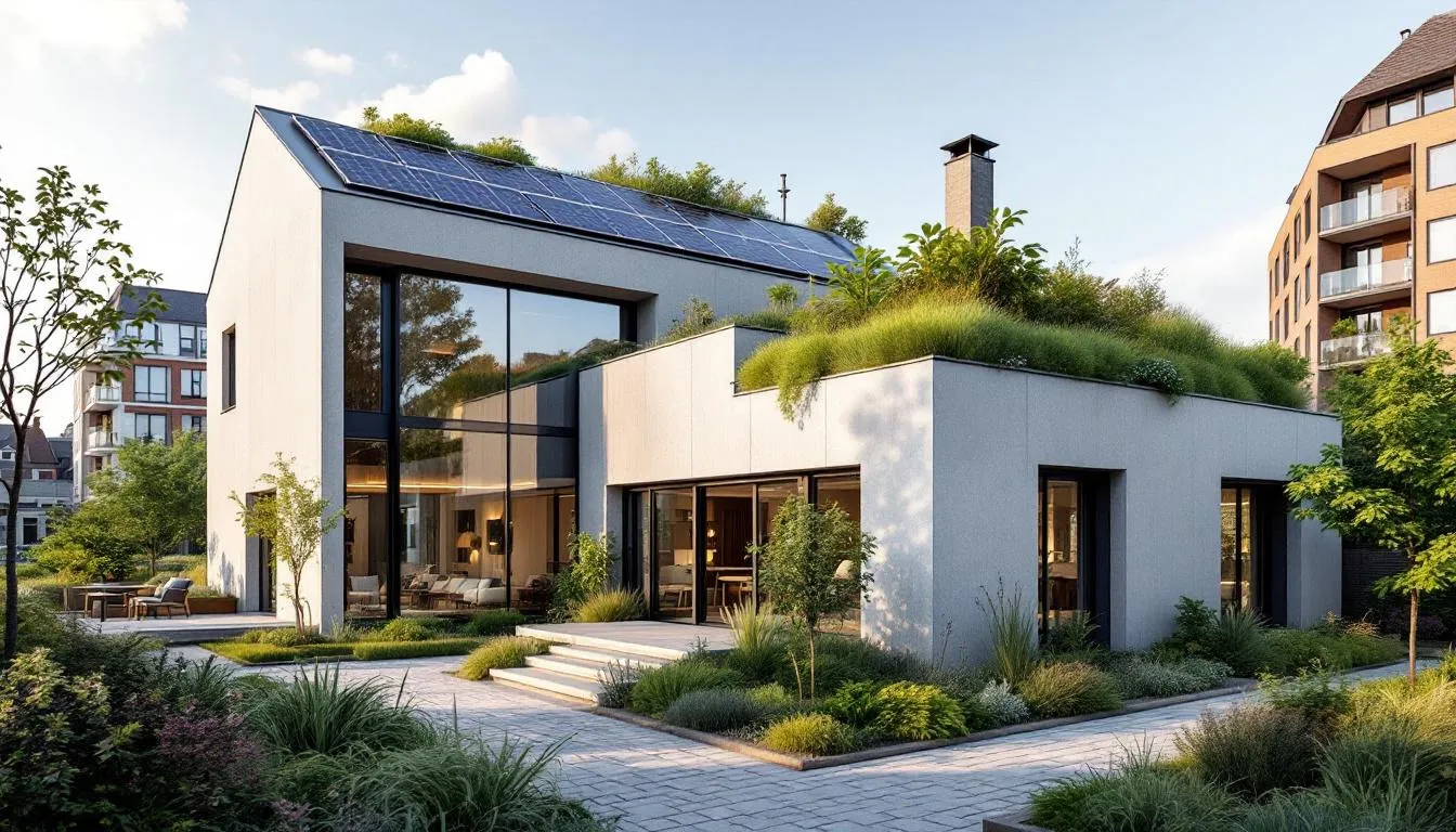 The image depicts a modern European building showcasing sustainable design features, such as green roofs and energy-efficient windows, reflecting the European Union's commitment to environmentally friendly architecture. This structure serves as a case study in how urban development can comply with regulations promoting sustainability and benefits for society.