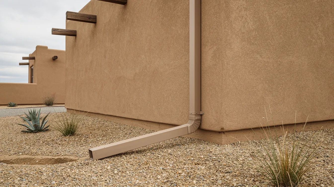 The image shows a completed downspout system on a Pueblo-style stucco home, with a clean extension directing rainwater across a gravel landscape bed, effectively protecting the foundation from water damage. This installation highlights the importance of proper drainage solutions for Pueblo homes in the Pueblo area, ensuring customers save money on future repairs.