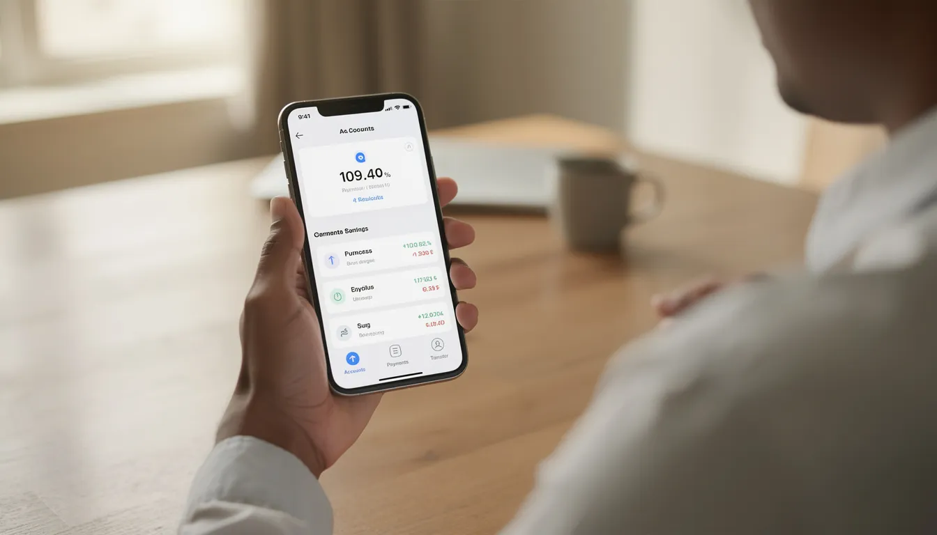 En person håller en smartphone som visar en mobil bankapp, vilket illustrerar hur enkelt det är att hantera sina pengar online. Denna bild kan relateras till online casinon där användare kan göra insättningar och uttag snabbt och smidigt.