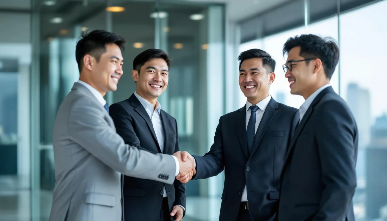 Four Southeast Asian business partners are shaking hands in a formal setting, symbolizing a strategic business partnership focused on collaboration and investment opportunities. The image reflects the significance of cooperation in sectors such as oil and gas, as well as the socio-economic development of Brunei Darussalam and its relations with neighboring countries.