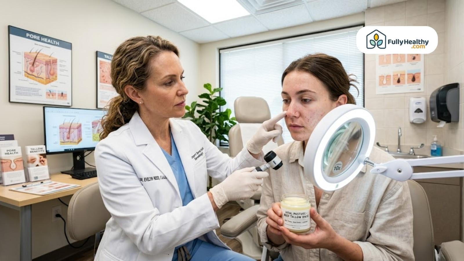 Dermatologist examining patient skin while discussing benefits of beef tallow skincare