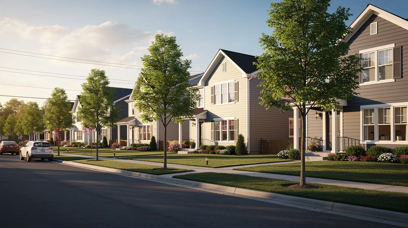 The image depicts a row of recently renovated single-family homes situated along a tree-lined residential street, showcasing modern architecture and well-maintained landscaping. This scene reflects the appeal of residential properties, which are often sought after by real estate investors and private money lenders in North Carolina.