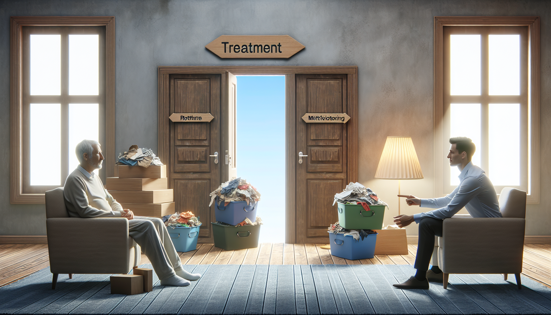 Illustration of a therapy session for hoarding disorder treatment